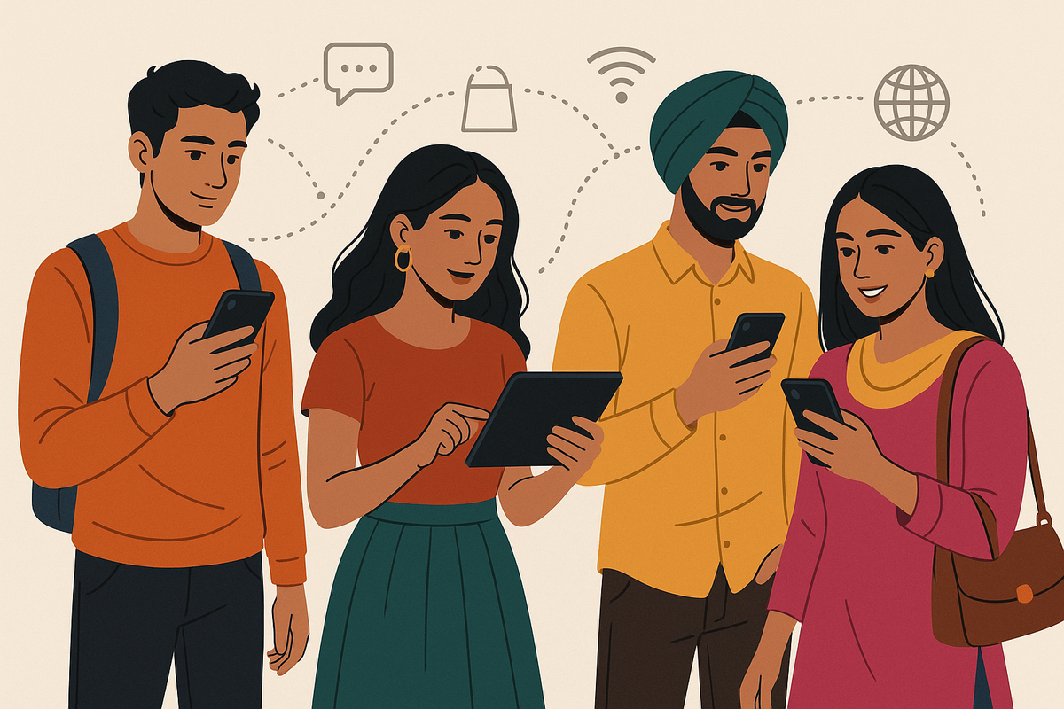 “A modern digital illustration showing trendy Indian youth connected through technology and shopping trends, clean neutral background.”